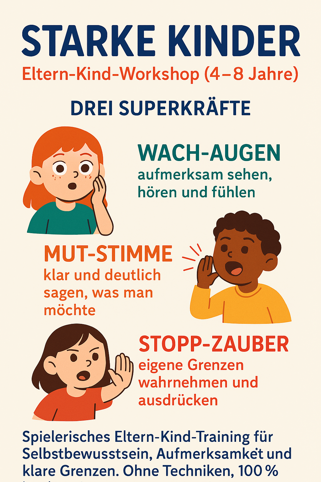 Starke-Kinder-Workshop in Harrislee: Spielerisches Eltern-Kind-Training für Mut, Aufmerksamkeit und klare Grenzen. Ohne Techniken, 100 % kindgerecht.